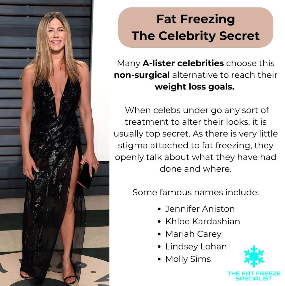 A-list celebrity wearing a sparkling black dress at an event discussing fat freezing treatment for weight loss goals